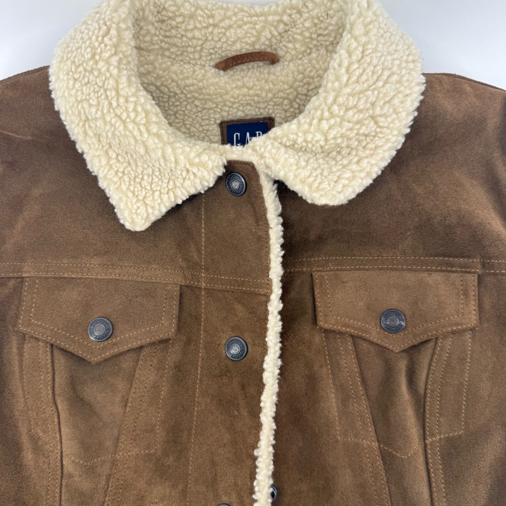 Vtg Y2K GAP Women Brown Suede Sherpa Lined Trucker Ranch Barn Jacket Size M - Picture 9 of 10